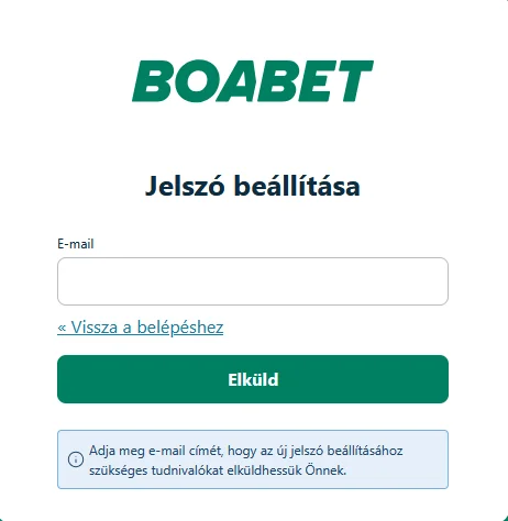 Jelszó-helyreállítási oldal a BoaBet betting platform felületén a hozzáférés visszaállításához